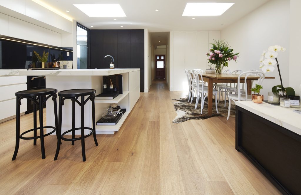 A modern kitchen and dining room